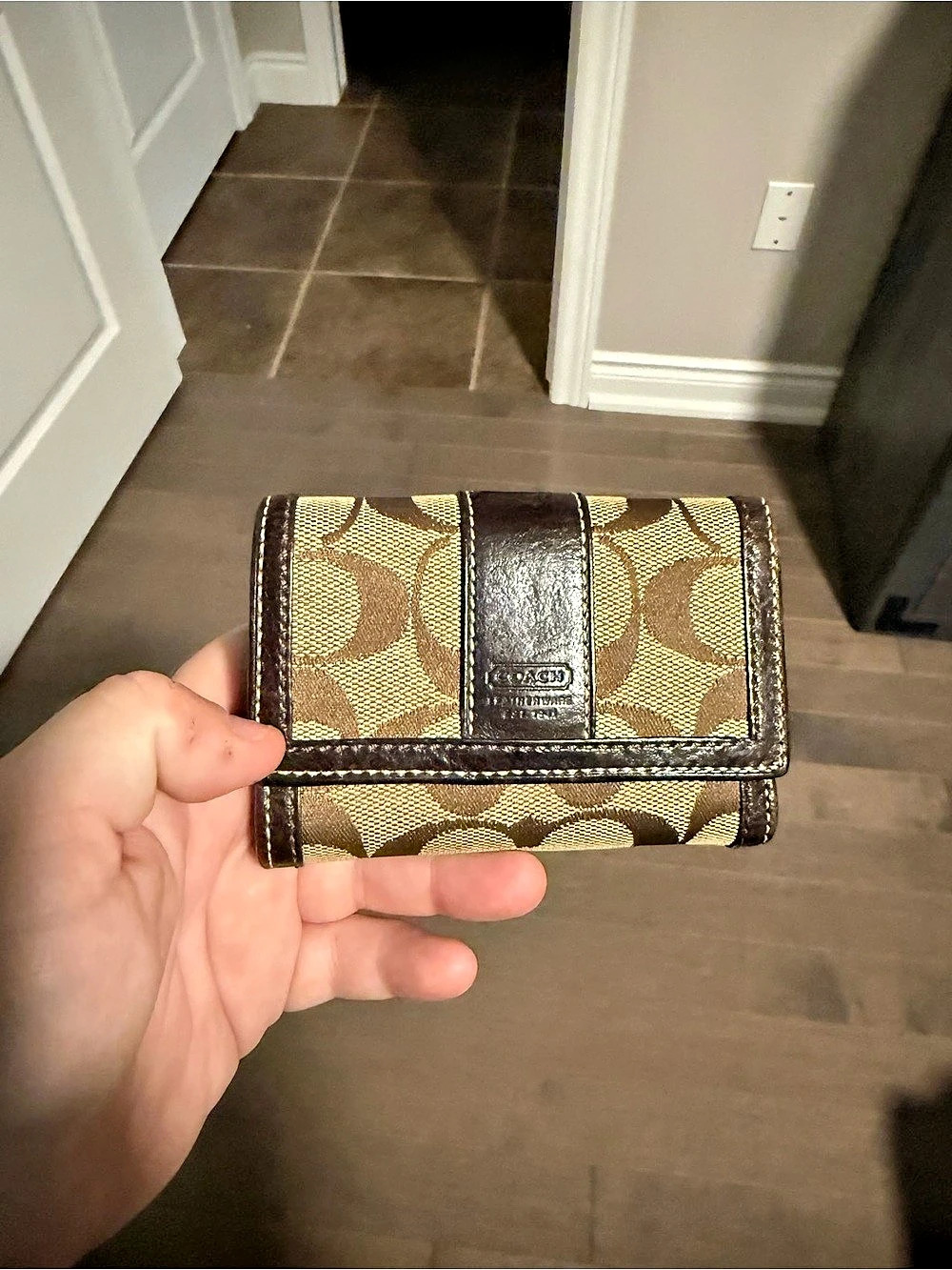 Vintage Coach Signature Stripe Folding Wallet in Brown & Tan